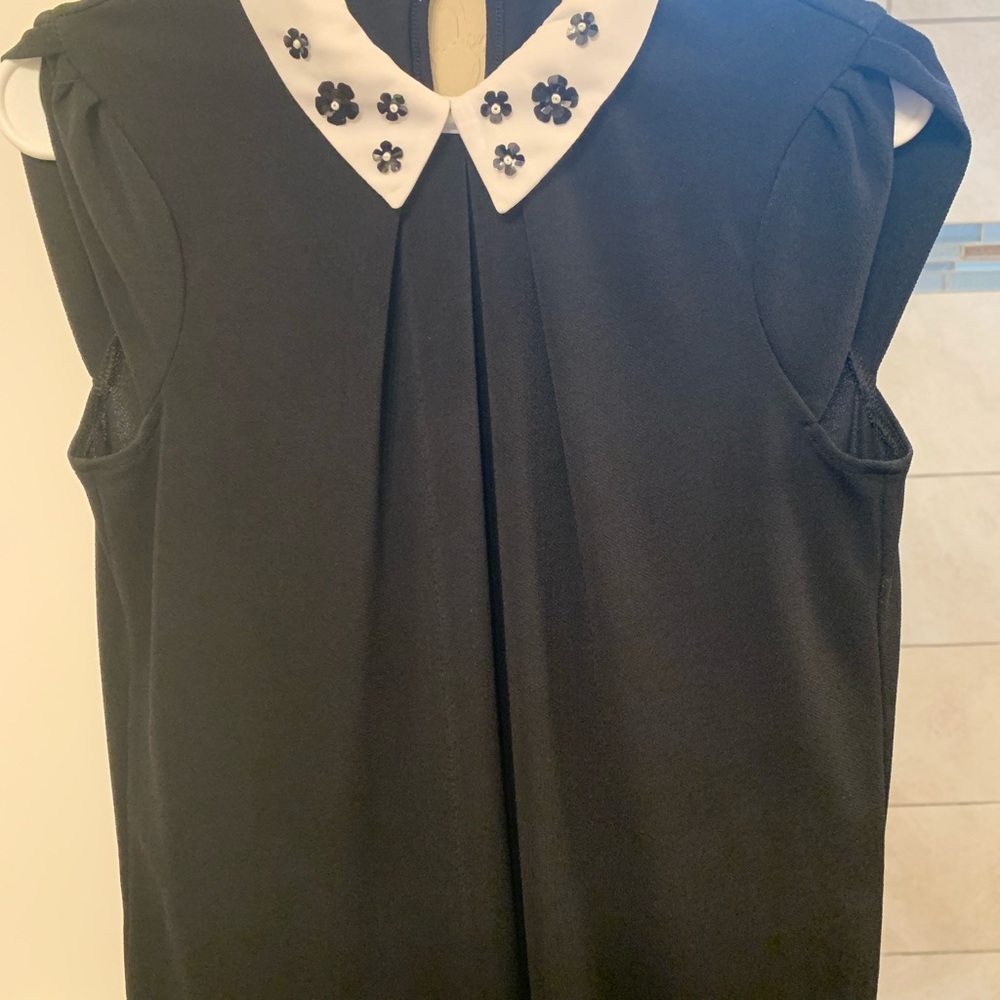 Black Sleeveless Top with Embellished White Collar